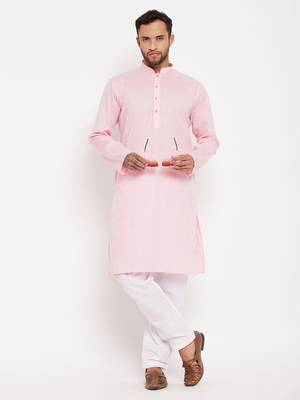Pink And White Cotton Kurta Pyjama Set 1