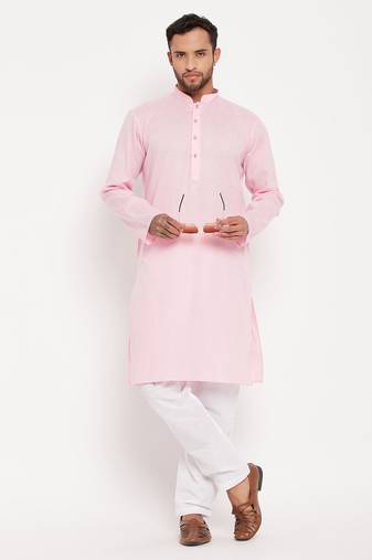 Men'S Pink And White Cotton Kurta Pyjama Set
