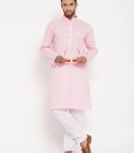 Pink And White Cotton Kurta Pyjama Set