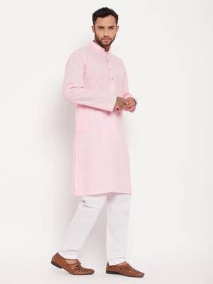 Pink And White Cotton Kurta Pyjama Set 2