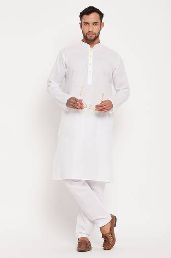 Men'S Cream And White Cotton Kurta Pyjama Set