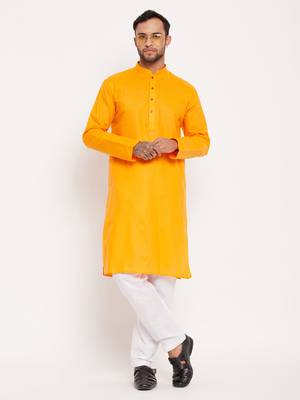 Orange And White Cotton Kurta Pyjama Set 1