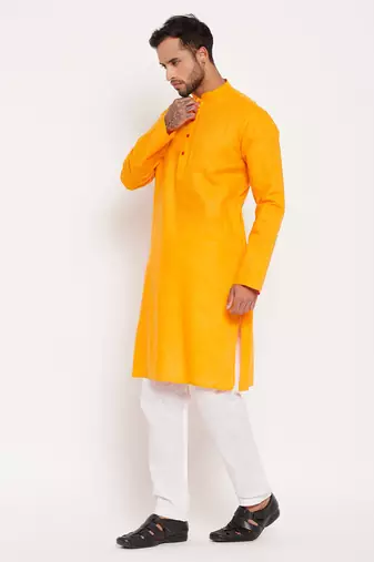 Orange And White Cotton Kurta Pyjama Set