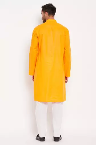 Orange And White Cotton Kurta Pyjama Set