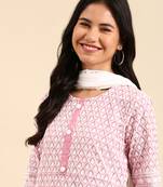 women's scoop neck woven design pink straight kurta and trouser with dupatta