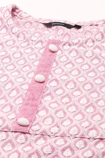 women's scoop neck woven design pink straight kurta and trouser with dupatta