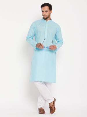 Aqua And White Cotton Kurta Pyjama Set 1