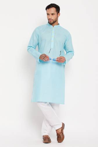Men'S Aqua And White Cotton Kurta Pyjama Set