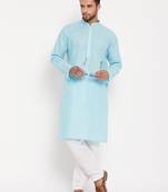 Aqua And White Cotton Kurta Pyjama Set