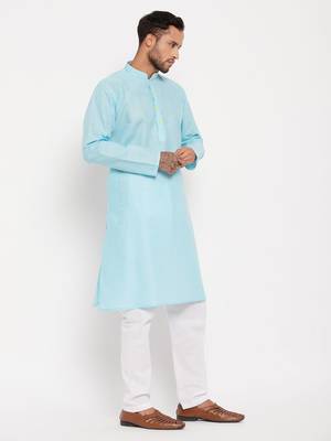 Aqua And White Cotton Kurta Pyjama Set 2