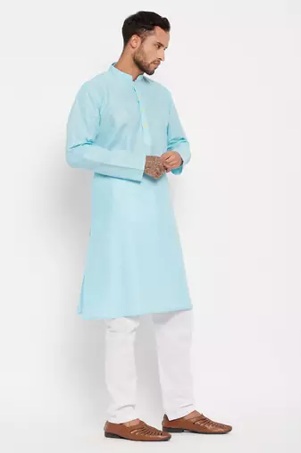 Aqua And White Cotton Kurta Pyjama Set