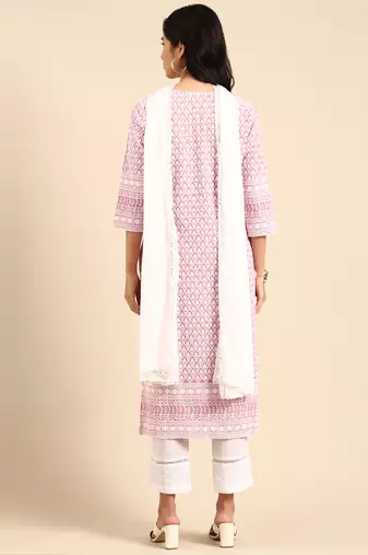 women's scoop neck woven design pink straight kurta and trouser with dupatta