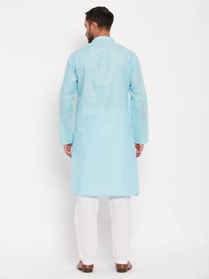 Aqua And White Cotton Kurta Pyjama Set 3
