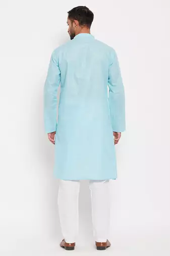 Aqua And White Cotton Kurta Pyjama Set
