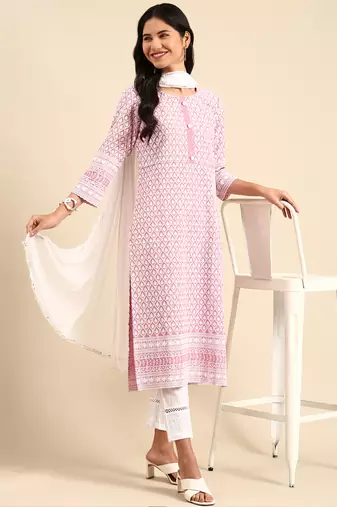 women's scoop neck woven design pink straight kurta and trouser with dupatta