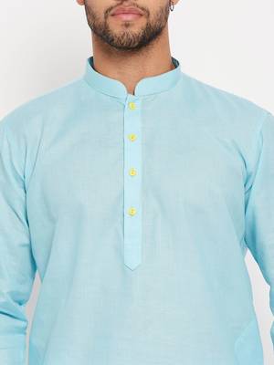 Aqua And White Cotton Kurta Pyjama Set 4