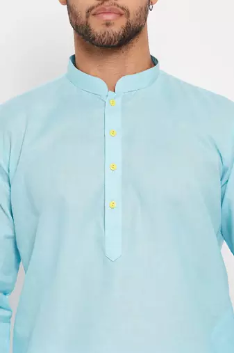 Aqua And White Cotton Kurta Pyjama Set