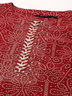 women's scoop neck bandhani maroon straight kurta and trouser 2