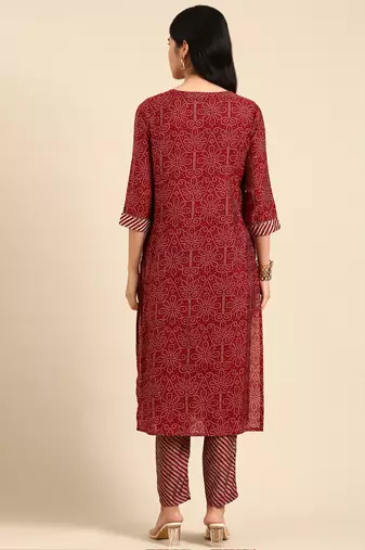 women's scoop neck bandhani maroon straight kurta and trouser