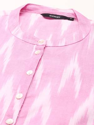Showoff women's mandarin collar woven design ikat pink straight kurta and trouser 2