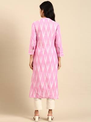 Showoff women's mandarin collar woven design ikat pink straight kurta and trouser 4