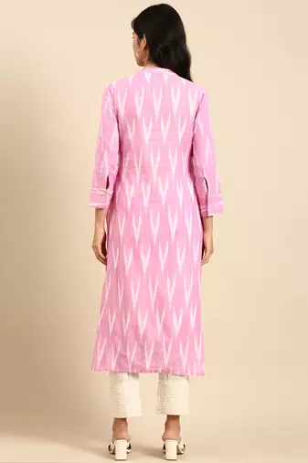 Showoff women's mandarin collar woven design ikat pink straight kurta and trouser