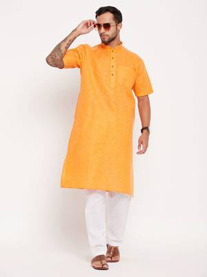 Orange And White Cotton Kurta Pyjama Set 1