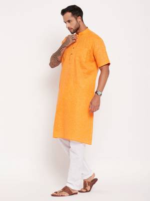 Orange And White Cotton Kurta Pyjama Set 2