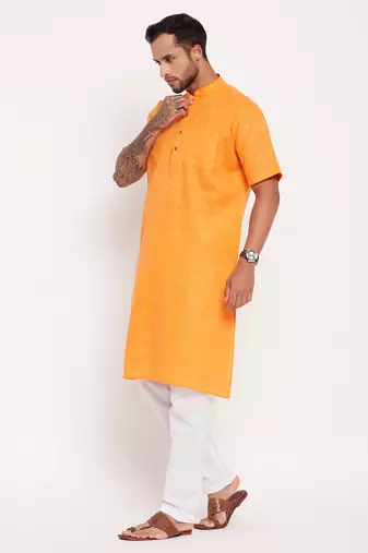 Orange And White Cotton Kurta Pyjama Set