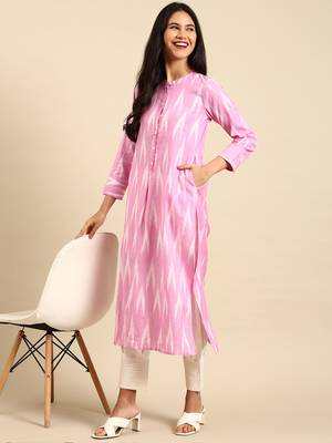 Showoff women's mandarin collar woven design ikat pink straight kurta and trouser 5