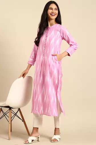 Showoff women's mandarin collar woven design ikat pink straight kurta and trouser