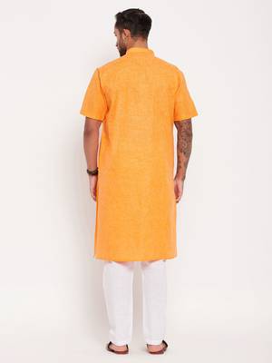 Orange And White Cotton Kurta Pyjama Set 3