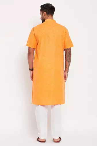 Orange And White Cotton Kurta Pyjama Set