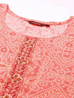 women's scoop neck bandhani coral straight kurta and trouser with dupatta 2