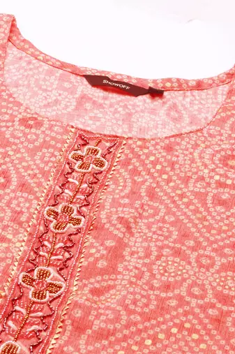 women's scoop neck bandhani coral straight kurta and trouser with dupatta