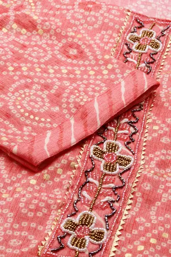 women's scoop neck bandhani coral straight kurta and trouser with dupatta