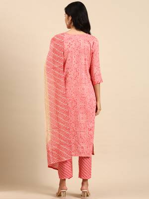 women's scoop neck bandhani coral straight kurta and trouser with dupatta 4