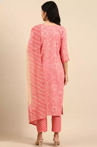 women's scoop neck bandhani coral straight kurta and trouser with dupatta