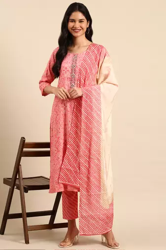 women's scoop neck bandhani coral straight kurta and trouser with dupatta