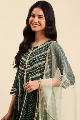 Showoff women's scoop neck bandhani green anarkali kurta and sharara with dupatta