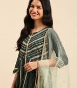 Showoff women's scoop neck bandhani green anarkali kurta and sharara with dupatta