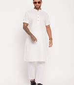 Cream And White Cotton Kurta Pyjama Set