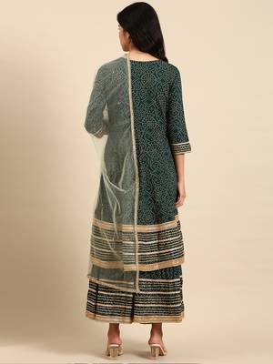 Showoff women's scoop neck bandhani green anarkali kurta and sharara with dupatta 4