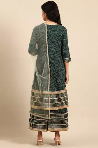 Showoff women's scoop neck bandhani green anarkali kurta and sharara with dupatta