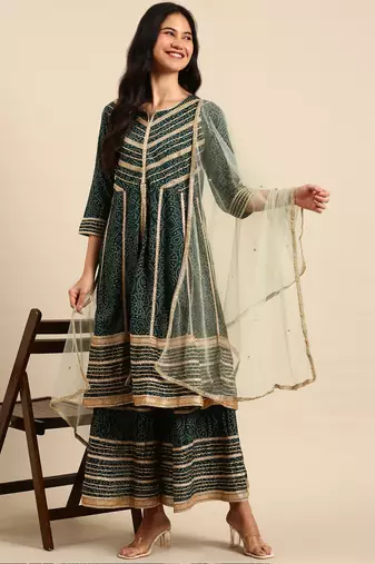 Showoff women's scoop neck bandhani green anarkali kurta and sharara with dupatta