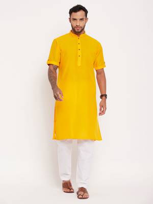 Mustard And White Cotton Kurta Pyjama Set 1