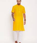 Mustard And White Cotton Kurta Pyjama Set