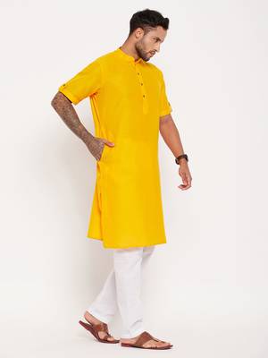 Mustard And White Cotton Kurta Pyjama Set 2