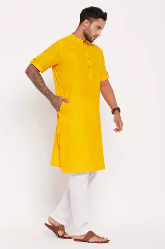 Mustard And White Cotton Kurta Pyjama Set