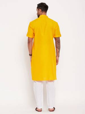 Mustard And White Cotton Kurta Pyjama Set 3